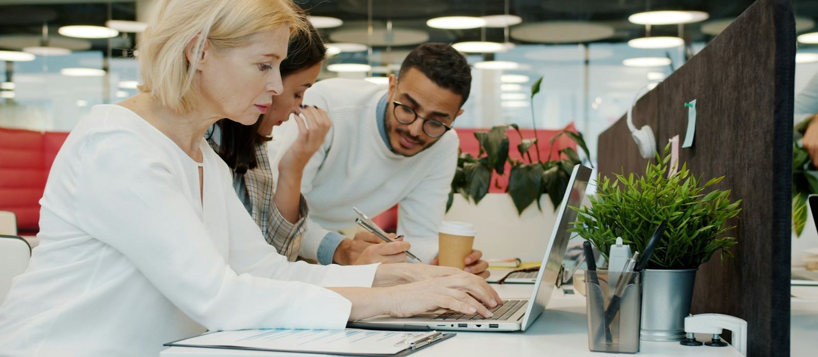 Equipe reunida em volta do notebook no escritório